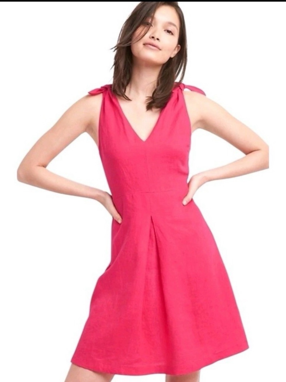 Gap 100% Linen Sleeveless Tie-Shoulder V-Neck Dress Bright Pink A-Line Sz 4